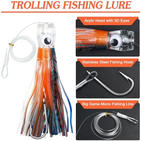 Saltwater Fishing Lures 6/9inch Trolling Lures for Marlin Mahi Tuna Dolphin Shark Big Game Deep Sea Fishing Baits Squid Skirts Rigged Hooks Ocean Gear Tackle - Image 2