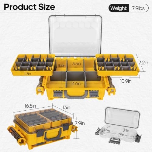 THKFISH Waterproof Double Side Tackle Box, Portable Storage Box with 2 Pack 3500 Stowaway Boxes & Rod Holders, Fishing Lure Organizer YellowPink/Green/Blue/Grey (L-Yellow) - Image 7