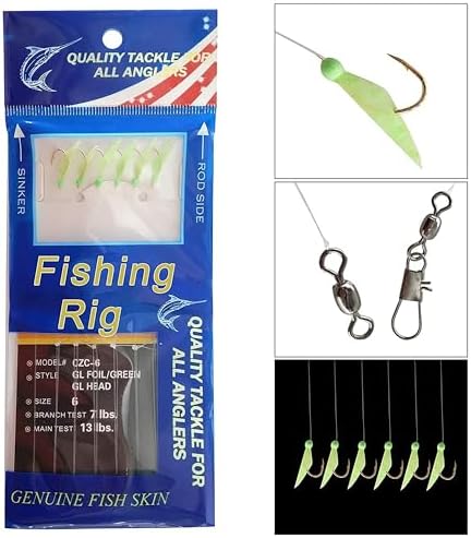 Fishing Bait Rigs Saltwater Surf Fishing Lures Bait Rig with Real Fish Skin Glow Beads Sharp Hooks Swivels Surf Fishing Rigs Sea Bass Cod Herring Hook Rig Size 4 6 8 - Image 5