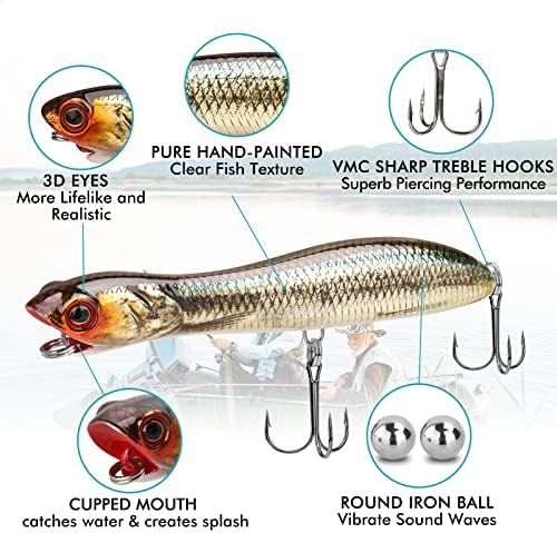 TRUSCEND Top Water Fishing Lures with BKK Hooks, Easy Catch Plopper Lure for Freshwater or Saltwater, Floating Lures for Bass, Pike, Catfish, Surface Wobble PoPobait Bass Baits Fishing Gifts for Men - Image 2