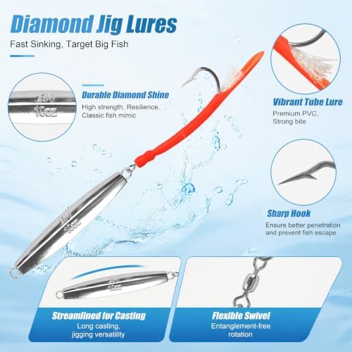 Diamond Jigs Saltwater Fishing Lures, 1-10oz Metal Jigging Spoon Baits for Surf Fishing Striped Bass Flat Metal Jig for Surf Fishing Bottom Sinking Bouncing Deep Sea Ocean Tackle - Image 2