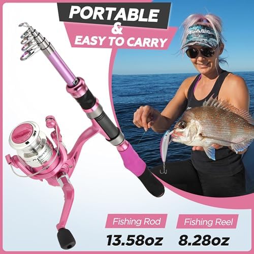 Fishing Rod and Reel Combos, Fishing Gear Gifts for Women with Spinning Reel, Lures, Line, Pink Ladies Telescopic Pole Kit Designed for Girls Adults by PLUSINNO - Image 6