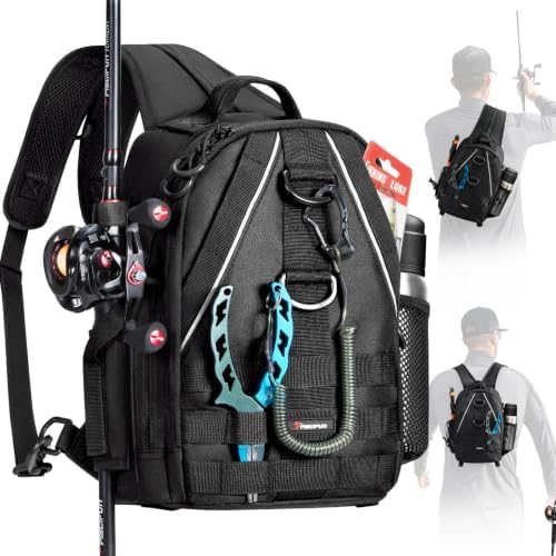Piscifun Fishing Backpack, Rod Holders, Lightweight Sling Bag, Black by Piscifun