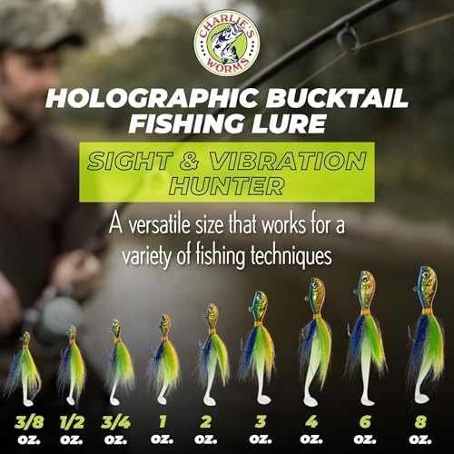 Charlie's Worms Dipper Holographic Bucktail Fishing Lure – Premium Hair Jig for Saltwater & Freshwater Fishing – 3D Holographic Eye, Glow in the Dark Paddle Tail, Hand Tied with Tinsel (3/8 oz - 8oz) - Image 5