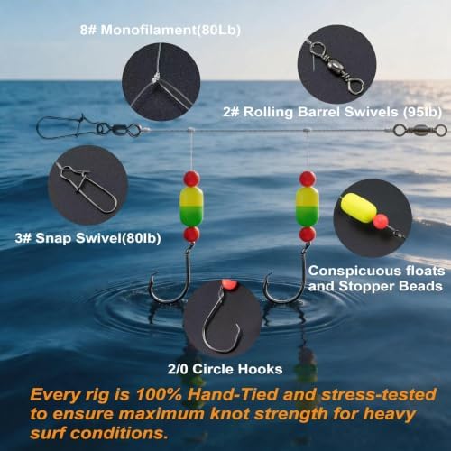 9-Pack Pompano Rigs for Surf Fishing - 50lb Double Hook Bottom Rig - Image 4
