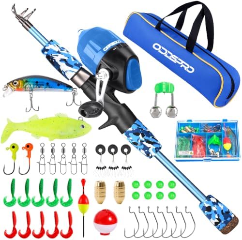 ODDSPRO Kids Fishing Pole Pink, Portable Telescopic Fishing Rod and Reel Combo Kit - with Spincast Fishing Reel Tackle Box for Girls, Youth by ODDSPRO