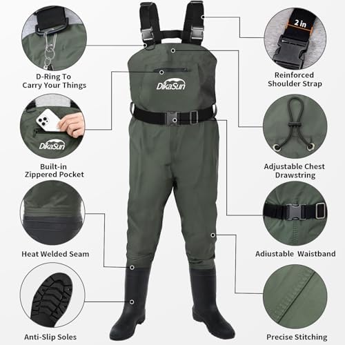 Fishing Waders for Men & Women, Waterproof 2-Ply Nylon/PVC Chest Wader with Boots for Outdoor Sizes 4-13 Bootfoot(Green, M6/W8) - Image 2