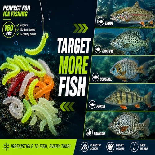 160PCS Ice Fishing Soft Plastic Worm Baits Kit, 5 Bright Colors Mini Soft Fishing Lures with 10 Hooks for Crappie, Trout, Bluegill, Perch & Panfish, Ice Fishing Jig Bait Set for Winter Fishing - Image 5