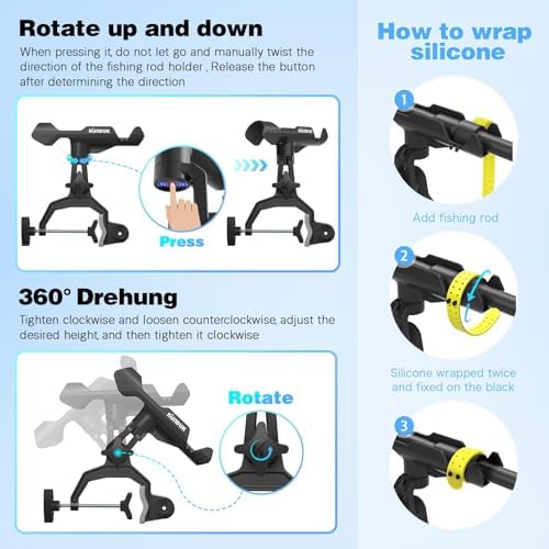 Upgraded Fishing Rod Holder with Button-Lock 360° Dual Rotation,Universal Silicone Strap & Enlarged V-Clamp Fits Round/Square Tubes,Secure Adjustable Boat Fishing Gear for All Rod - Image 5
