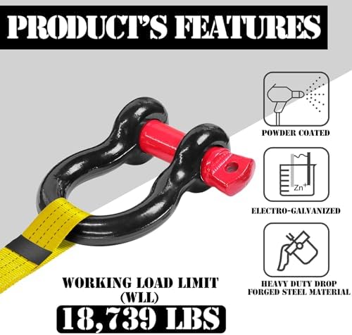 1" D Ring Shackle with 1-1/8" Screw Pin, 8.5T Working Load Limit (WLL) / 51T (112,436 lb) Minimum Breaking Strength (MBS) for Tow Strap Winch, Off-Road Vehicle Recovery (Black/Red, 2 Pack) - Image 2