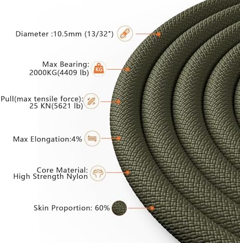 X XBEN Outdoor Climbing Rope 10M(32ft) 20M(64ft) 30M(96ft) 50M(160ft) 70M(230ft) 152M(500FT) 352M(1000FT) Static Rock Climbing Rope for Escape Rope Ice Climbing Equipment Fire Rescue Parachute - Image 3