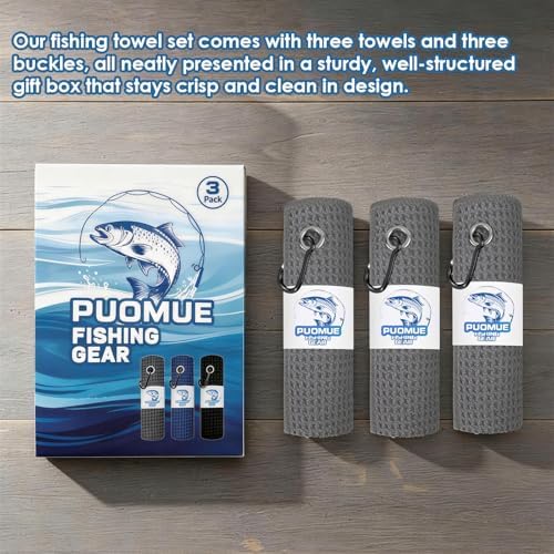 Puomue 3 Pack Microfiber Fishing Towels with Clip, 16" x 16", Waffle Pattern for Effective Cleaning of Fishing Gears or Dirty Hands, Perfect for Camping Towels and Hiking Towles (Grey, 16"x16") - Image 3