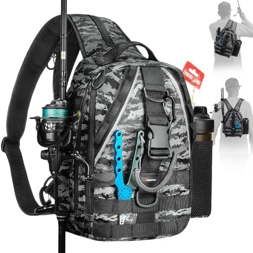 Piscifun Fishing Backpack, Rod Holders, Lightweight Sling Bag, Black Camo by Piscifun