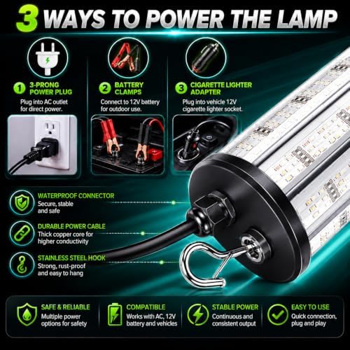 Underwater Fishing Light 120W 15000LM, 530nm Green Submersible Fish Attractant Light with 30FT Cord, 100–277V AC to 12V DC Adapter, 40FT Safety Cable, for Night Fishing, Dock, Boat - Image 4