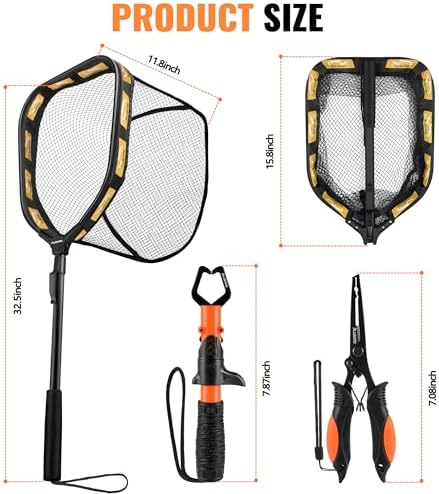 PLUSINNO Floating Fishing Net for Steelhead, Salmon, Fly, Kayak, Catfish, Bass, Trout Fishing, Rubber Coated Foldable Landing Net with Fixed or Telescoping Pole Handle, Fishing Gear and Gifts for Men - Image 4