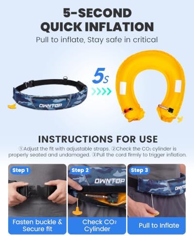 Owntop Manual Inflatable Belt Pack, Adults Swim Jacket with Blowpipe & Whistle, 24g CO2 Cylinder Included, Low Profile for Kayaking, Fishing, Paddle Sports - Image 3