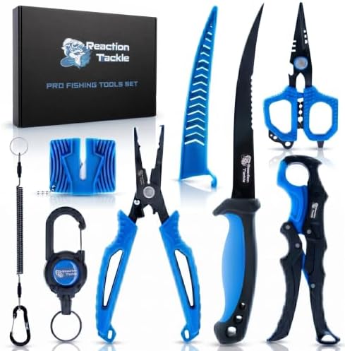 Reaction Tackle 7 Piece Fishing Tool Kit, Fillet Knife and Sharpener, Fishing Pliers, Braid Scissors, Floating Lip Gripper, Hook Remover and Lanyard, Stainless Steel for Saltwater and Freshwater by ReactionTackle