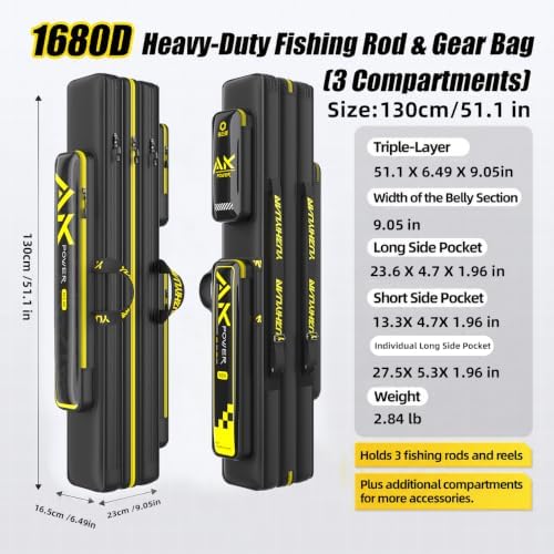 Long Fishing Rod Case, 3-Layer Fishing Pole Carrier with Wire Frame, 1680D Sturdy Surf Fishing Bag & Travel Tackle Cases(Triple Layer-Straight Wire Bag, 51 in / 130cm) - Image 2
