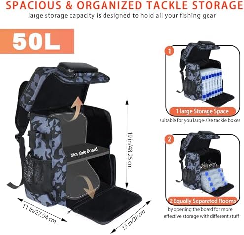 Fishing Backpack with Rod Holder and Tackle Boxes, Cooler, Large 50L Fishing Gear Bag with 139 Fishing Lures Kit, Fish Tool Set, Fish Gifts for Men Woman-Camo Backpack - Image 2