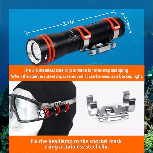 ARCHON D2A Small Diving Flashlight, Dive Headlamp Waterproof Flashlight Black Backup Light with Stainless Steel 316 Face Mask Clip for Underwater Lighting - Image 3