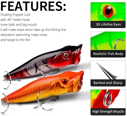5pcs 9cm 3D Eyes Hard Baits Floating Topwater Popper Lures with Treble Hooks, Mixed Colors, ABS & High Carbon Steel, Targeting Pike, Bass, Salmon - Image 4