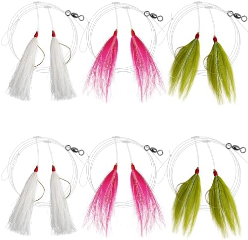 Fishing Teaser Rigs Saltwater, 3/6 Pack Flounder Rigs Hand Tied Sea Bass Hi Lo Rig Fishing Bait Rigs Multicolor Mylar Bucktail Teasers Rig for Flounder Fluke Halibut Sea Bass by SILANON