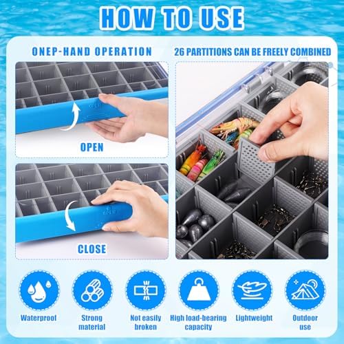 Junkin 6 Pack 3700 Fishing Tackle Boxes Waterproof, Large Blue Lure Organizer Trays with Custom Dividers, Airtight Tackle Storage Case for Saltwater Baits, Swimbaits & Boat Bag Accessories - Image 4