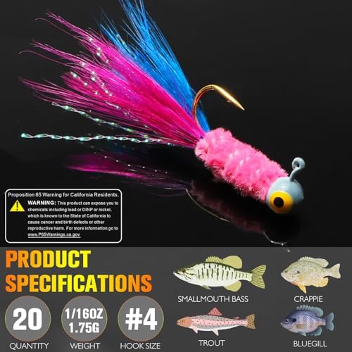 Dovesun Crappie Jigs, Jig Heads with Feather Hand-Tied Marabou Jigs Ice | Fly Fishing Lures 10 Colors 1/32oz 1/16oz 1/8oz Fishing Hair Jigs for Panfish Sunfish Walleye 20-40pcs - Image 6