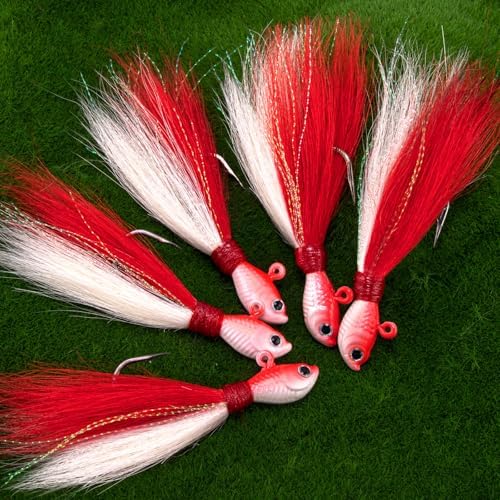 Alwonder 5-Pack Bucktail Jigs Hair Jigs Saltwater Freshwater Fishing Bucktail Lures Surf Fishing Jig Heads White Luminous Chartreuse Swimbait Jig for Bass Flounder Striper Bluefish Halibut Redfish - Image 6