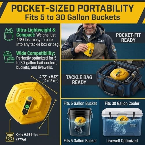 Floating Aerator, Rechargeable Bait Bucket Fish Pump Bubbler - Image 6