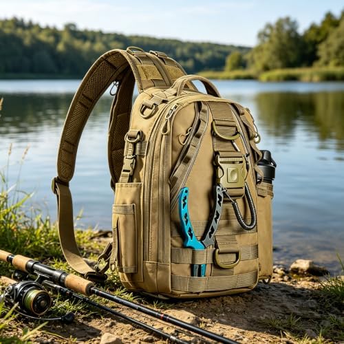 Fishing Hiking Rucksack with Rod & Gear Holder – Compact Tackle Bag (Khaki) - Image 5
