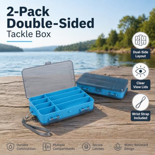 2 Pack Fishing Tackle Box Organizers, Blue Lure Storage Trays with Clear Lids, Removable Dividers & Wrist Straps, Portable Fishing Gear Storage for Hooks, Baits, Sinkers, Jigs and Accessories - Image 2