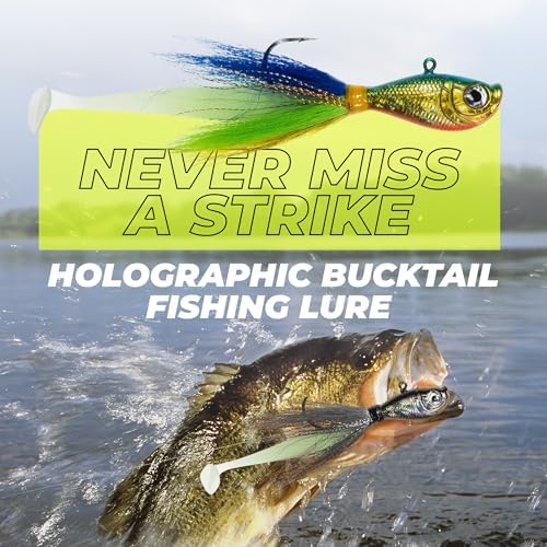 Charlie's Worms Dipper Holographic Bucktail Fishing Lure – Premium Hair Jig for Saltwater & Freshwater Fishing – 3D Holographic Eye, Glow in the Dark Paddle Tail, Hand Tied with Tinsel (3/8 oz - 8oz) - Image 5