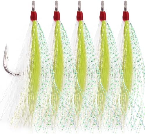 Bucktail Teaser Fishing Hooks,5pcs Saltwater Flounder Rig Stainless Steel Fishing Jig Hooks Bucktail Mylar Flash Teasers Inserted for Striper Catfish Cod Flounder Hi/Lo Rig by SILANON