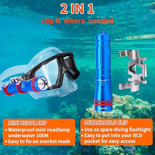 ARCHON D2A Small Diving Flashlight, Dive Headlamp Waterproof Flashlight Blue Backup Light with Stainless Steel 316 Face Mask Clip for Underwater Lighting - Image 2