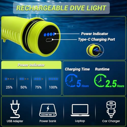 Scuba Dive Light Rechargeable, Bright Diving Flashlight Magnetic Switch - Image 3