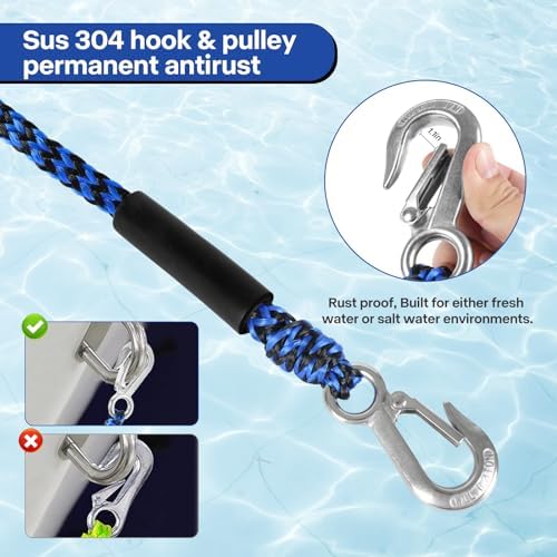 Heavy Duty Boat Tow Harness, Floating Ski Tow Boat Harness with Stainless Steel Hooks, Pulley and Float, Self Centering Tube Rope Tow Harness for Tubing, Water Skiing, Wakeboarding - Image 3