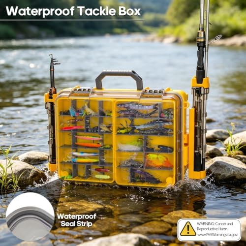 THKFISH Waterproof Double Side Tackle Box, Portable Storage Box with 2 Pack 3500 Stowaway Boxes & Rod Holders, Fishing Lure Organizer YellowPink/Green/Blue/Grey (L-Yellow) - Image 5