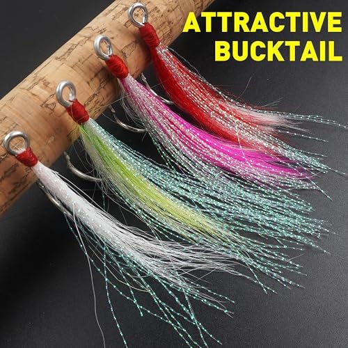 Bucktail Teaser Fishing Hooks,5pcs Saltwater Flounder Rig Stainless Steel Fishing Jig Hooks Bucktail Mylar Flash Teasers Inserted for Striper Catfish Cod Flounder Hi/Lo Rig - Image 5