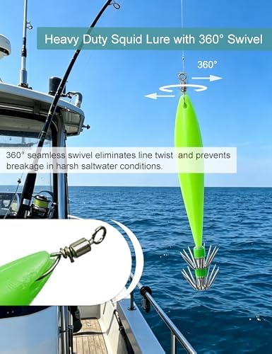 Avlcoaky Luminous Squid Jig Saltwater Squid Lure 5pcs/Box Squid Bait with Double Layer Hooks & 360° Swivel Umbrella Hooks Jigs Glow in the Dark Fishing Lure for Calamari, Cuttlefish, and Octopus - Image 5