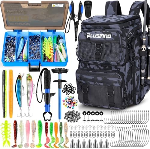 PLUSINNO Fishing Backpack with Tackle Boxes,Fishing Gear,42L Waterproof tackle Backpack with Rod Holders,Lures,Tools,Pliers & Accessories, Fish Gifts for Men by PLUSINNO