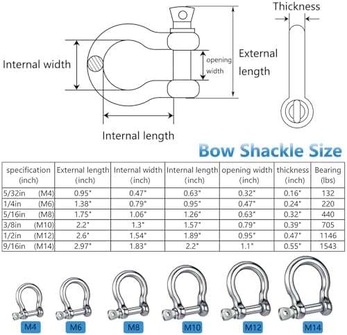 Bow Shackle Reedny 304 Stainless Steel 5/32", 1/4", 5/16",3/8", 1/2", 9/16" Heavy Duty D Ring Shackles Screw Pin Anchor Shackle for Chains Wirerope, Boat, Accessories (1/4'' 4Pcs) - Image 2