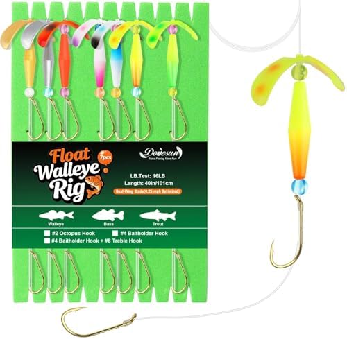 Dovesun Crawler Harness Walleye Rigs with Dual-Wing Blade, Float Walleye Spinner Rig for Slow Trolling (0.25 mph), Fluorocarbon Worm Harness, 2 Hook Walleye Fishing Rigs, 7 Pack by Dovesun
