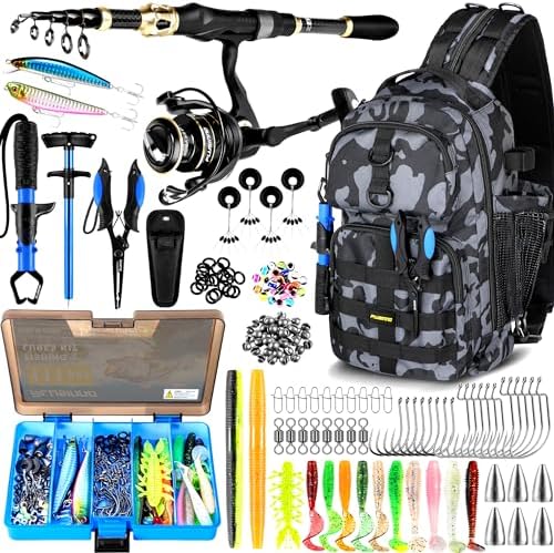 PLUSINNO Fishing Backpack with Fishing Rod &Tackle Boxes, Waterproof Sling Tackle Bag for Fish Gear with Rod Holder, Gifts for Men with Lures, Pliers, Fish Lip Gripper. by PLUSINNO