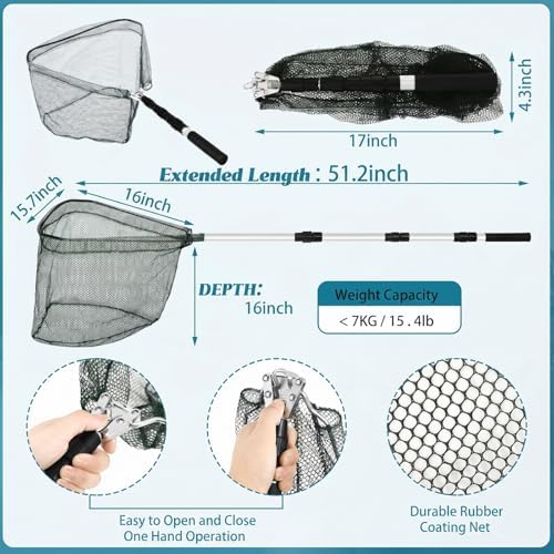 Hungdao 7 Pcs Fishing Gear Tool Kit with Foldable Net, 51.2 Inches, Black - Image 2
