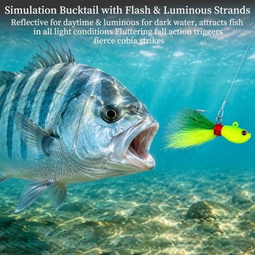 Cobia Jig, 3oz Saltwater Bucktail Jigs with Chartreuse Tail, Vertical Jigging Lures for Striper, Fluke, Flounder & Walleye - Image 5