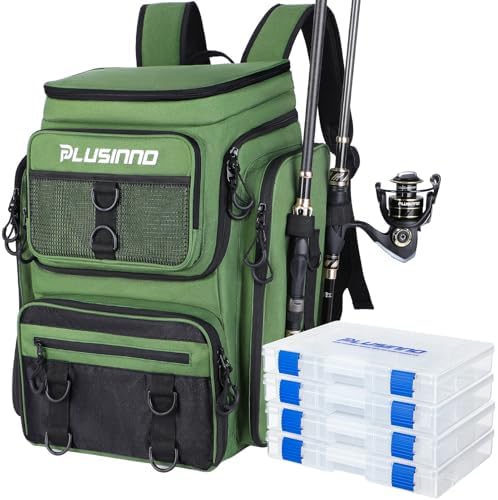 PLUSINNO Fishing Backpack with Rod Holders 4 Tackle Boxes, 42L Large Water-Resistant Fish Tackle Bag Store Fishing Gear, Camping, Hiking Gifts for Men Father, Green by PLUSINNO