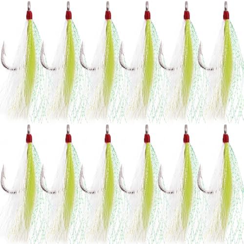 Bucktail Teasers Fishing Hooks Saltwater Flounder Rig Bucktail Mylar Teasers Inserted Stainless Steel Fishing Teaser Hooks for Striped Bass Trout Catfish Cod Flounder Hi/Lo Rig Jigs Spoons Lures by AGOOL