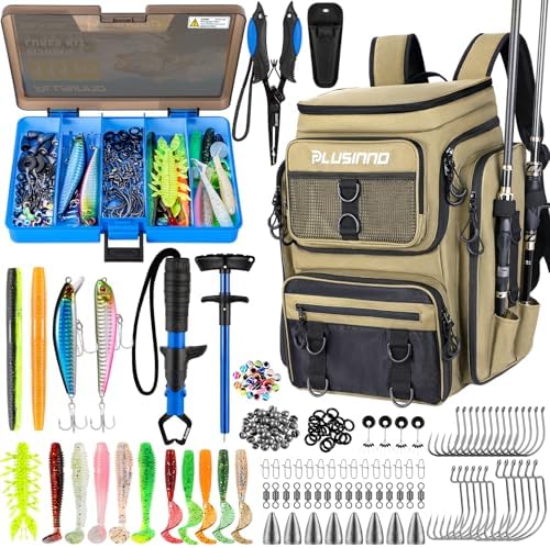 PLUSINNO Fishing Backpack with Tackle Boxes,Fishing Gear,42L Waterproof tackle Backpack with Rod Holders,Lures,Tools,Pliers & Accessories, Fish Gifts for Men by PLUSINNO