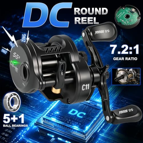 SOUGA Round DC Baitcaster Reel, 7.2:1 Gear Ratio, Black - Image 3